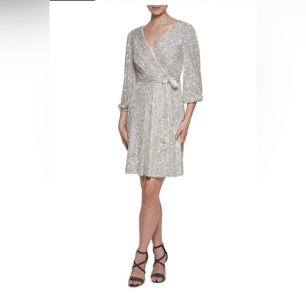 DKNY dress size 4 Silver Sequin V-Neck Faux Wrap Cocktail Shimmery Dress 🩶